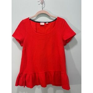 Anthropologie Postmark Red Textured Matelasse Ruffle Back Peplum Top Small